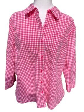 Karen Scott Shirt Button Down Pink and White Cotton Gingham, 3/4 Sleeves Plus 0X